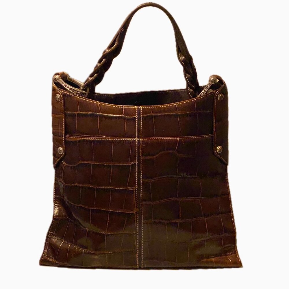 Brighton Hobo Shoulder Tote Bag in Croc Embossed Chocolate Brown Leather - Picture 2 of 12